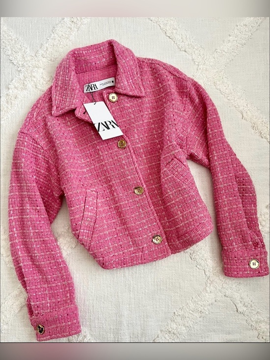 Zara Jackets & Blazers - ZARA Bubblegum Pink Tweed Cropped Jacket